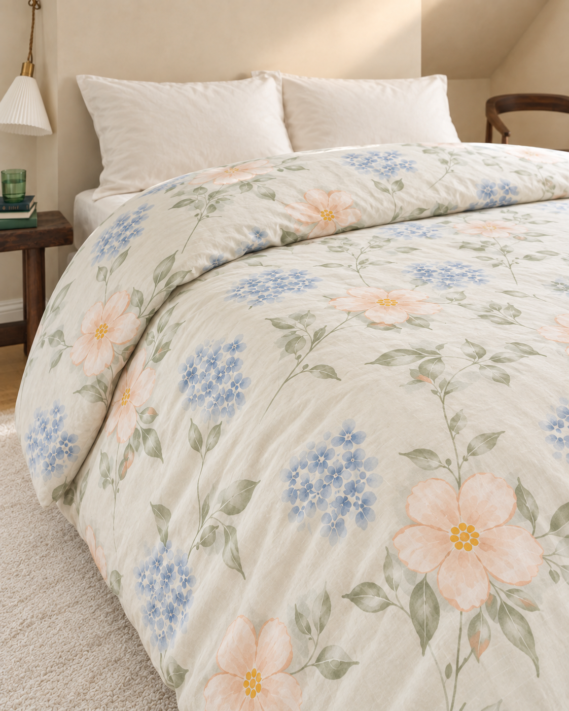 Floral Print Duvet Cover, on a made bed in morning light