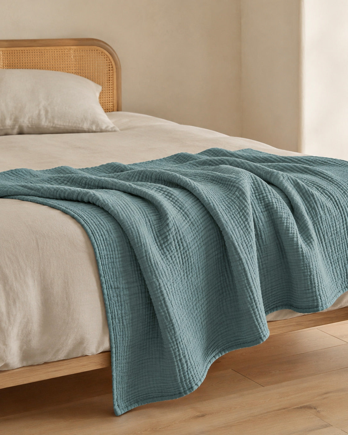 Four-Layer Cotton Gauze Throw, folded across the foot of a bed