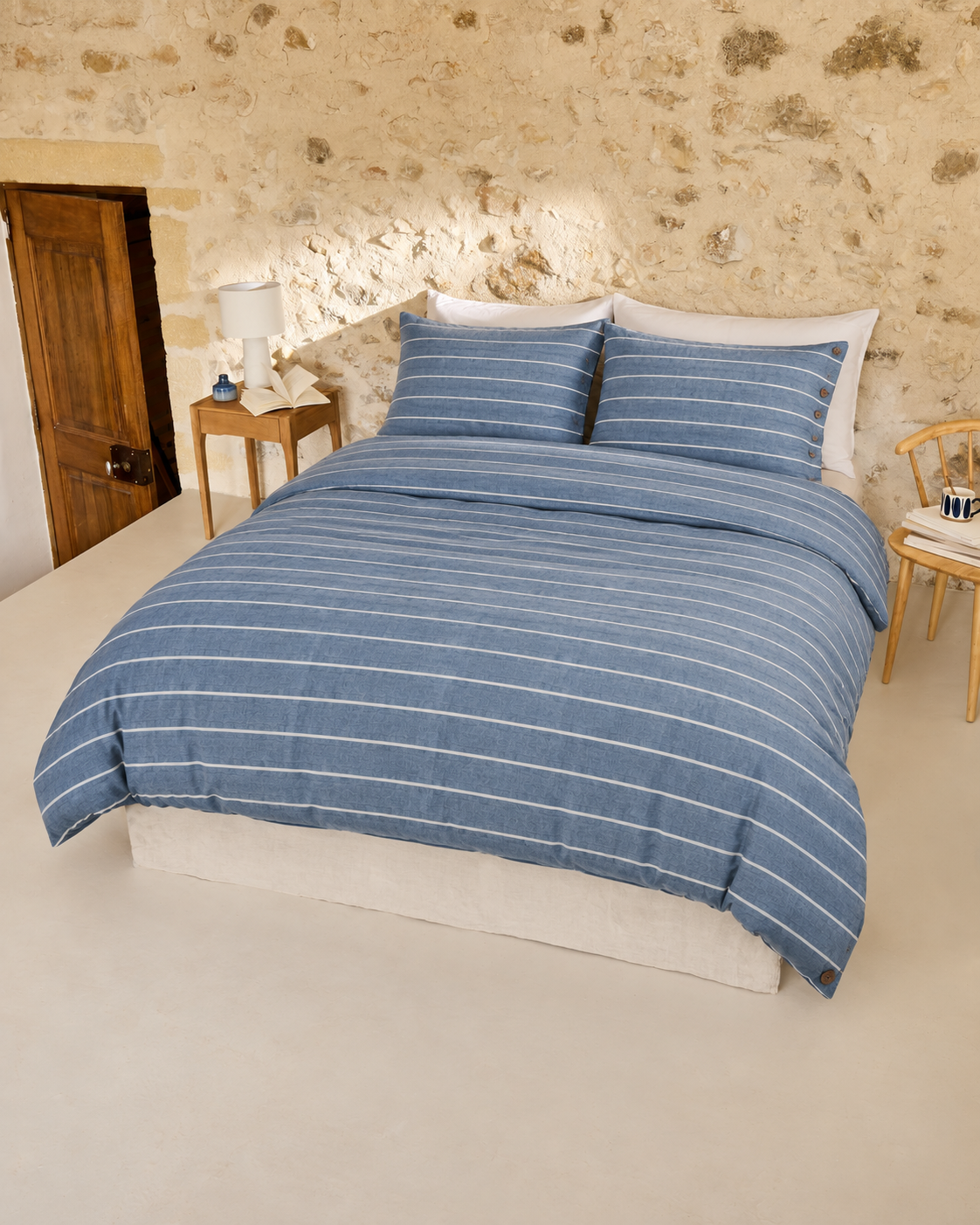 Washed Cotton Stripe Duvet Cover Set, on a made bed in morning light