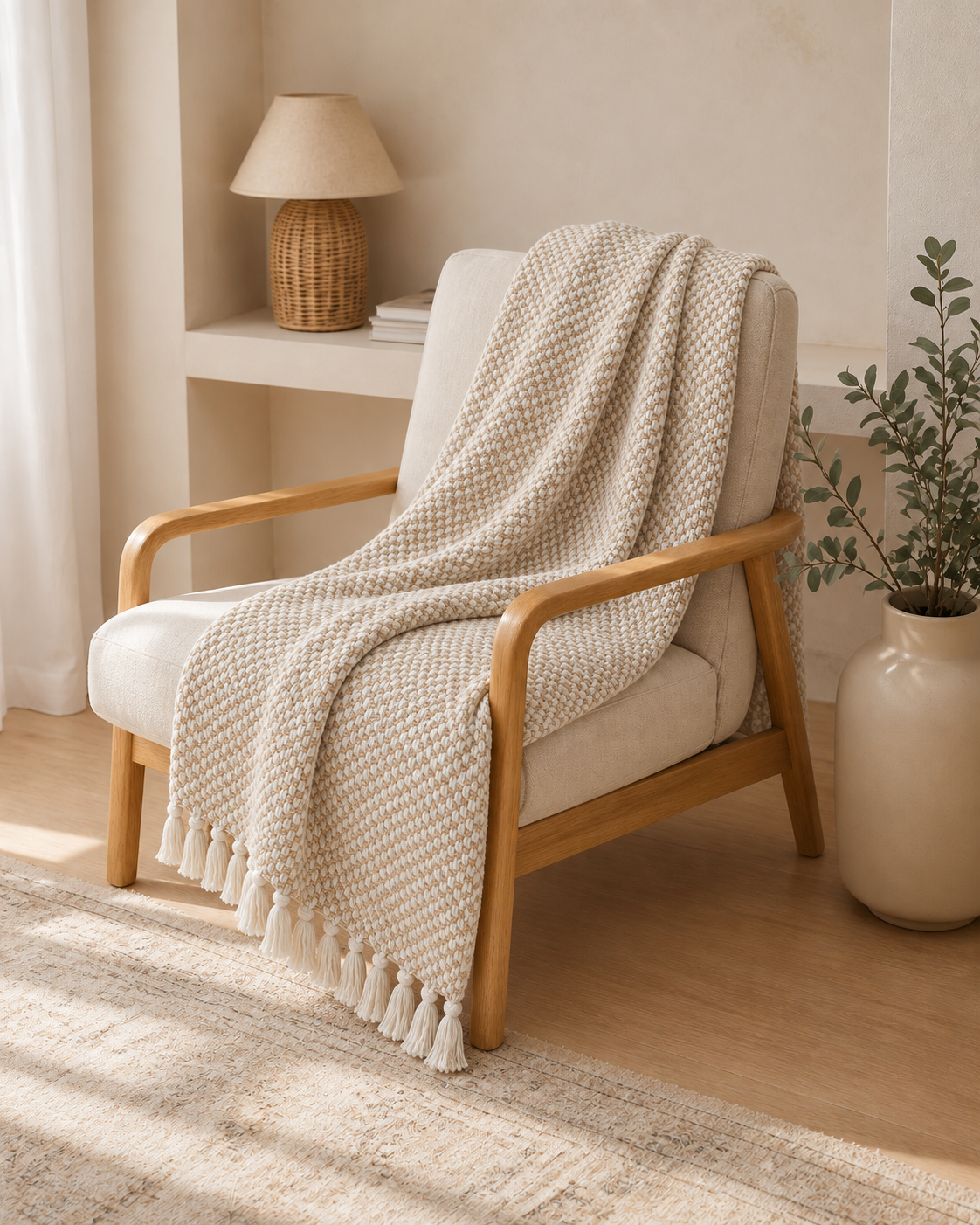 Basketweave Cotton Throw, draped over a wooden armchair