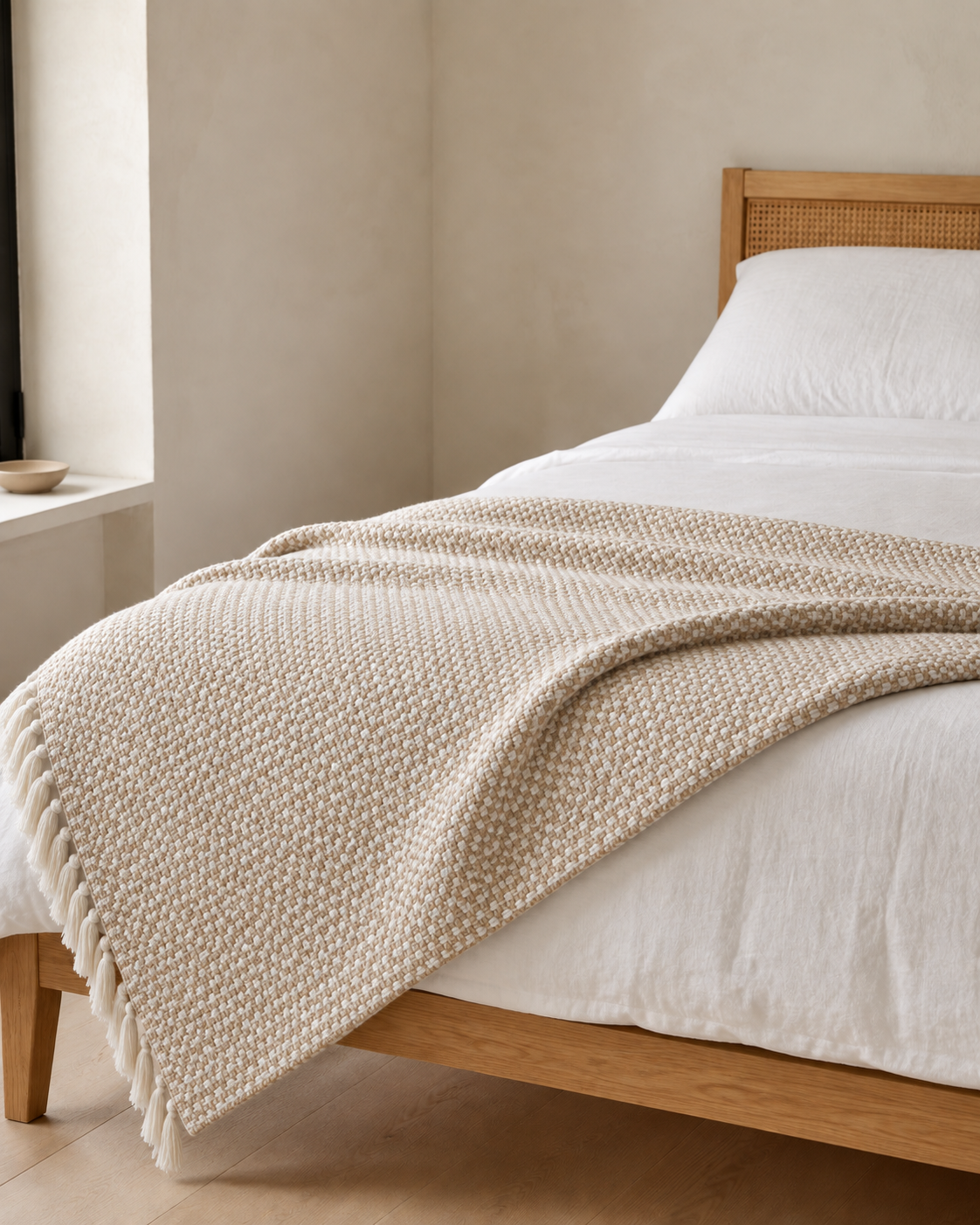 Basketweave Cotton Throw, laid across the foot of a bed