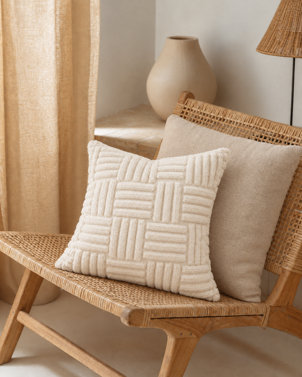 Basketweave Tufted Cotton Pillow Cover in Ivory, on a rattan armchair