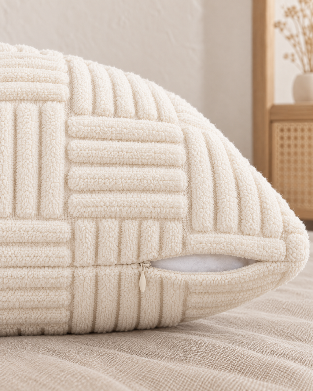 Basketweave Tufted Cotton Pillow Cover in Ivory, zipper and edge detail