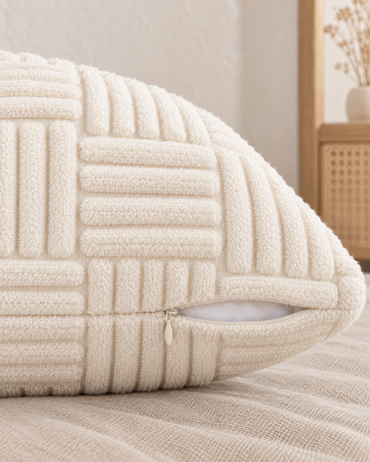 Basketweave Tufted Cotton Pillow Cover in Ivory, zipper and edge detail