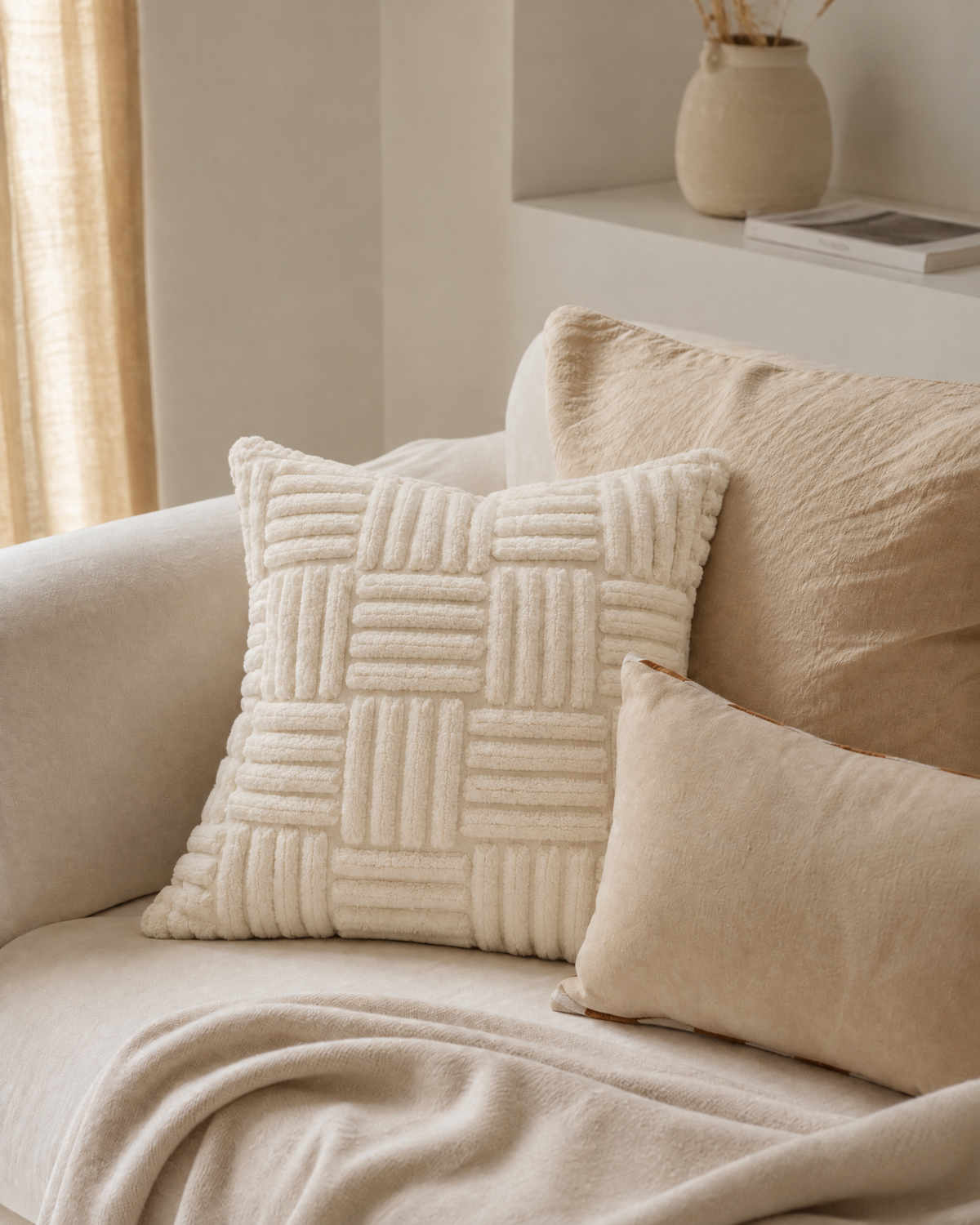 Basketweave Tufted Cotton Pillow Cover in Ivory, on a linen sofa