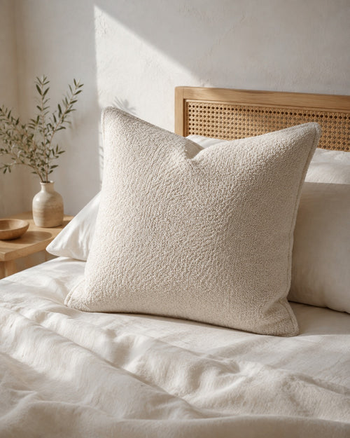 Bouclé Throw Pillow Cover — on a made bed, morning light