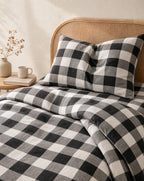 Buffalo Check Duvet Set — on a made bed, morning light