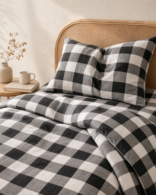 Buffalo Check Duvet Set — on a made bed, morning light