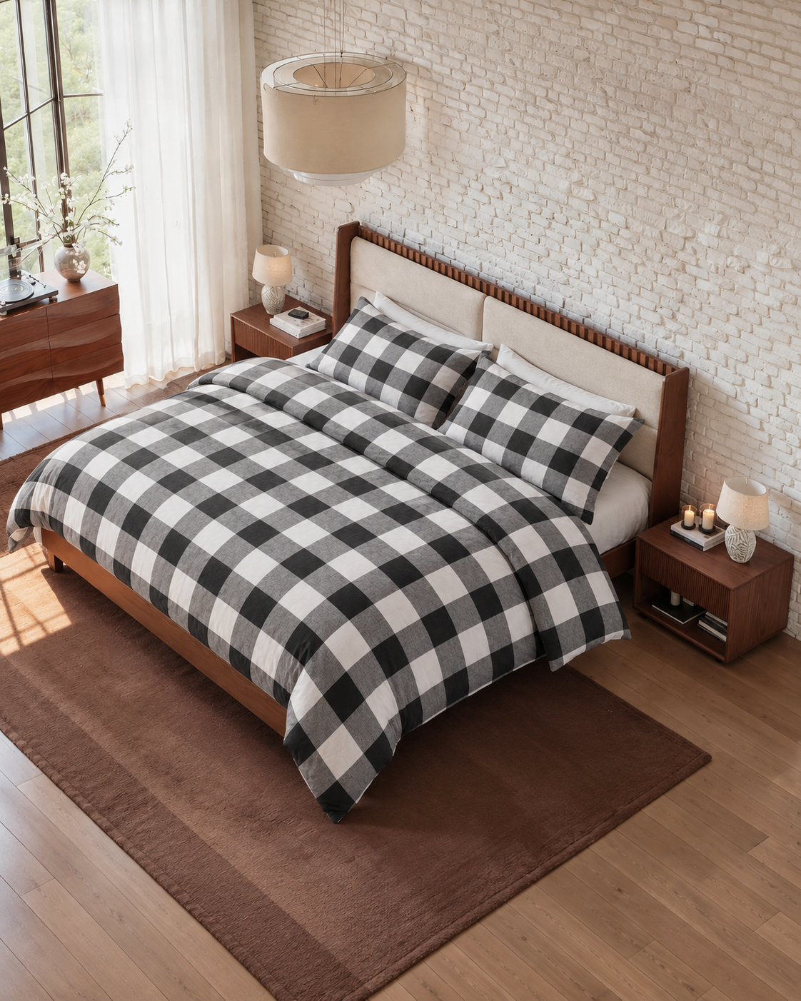 Buffalo Check Duvet Set, on a made bed in morning light