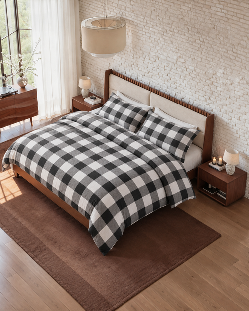 Buffalo Check Duvet Set, on a made bed in morning light