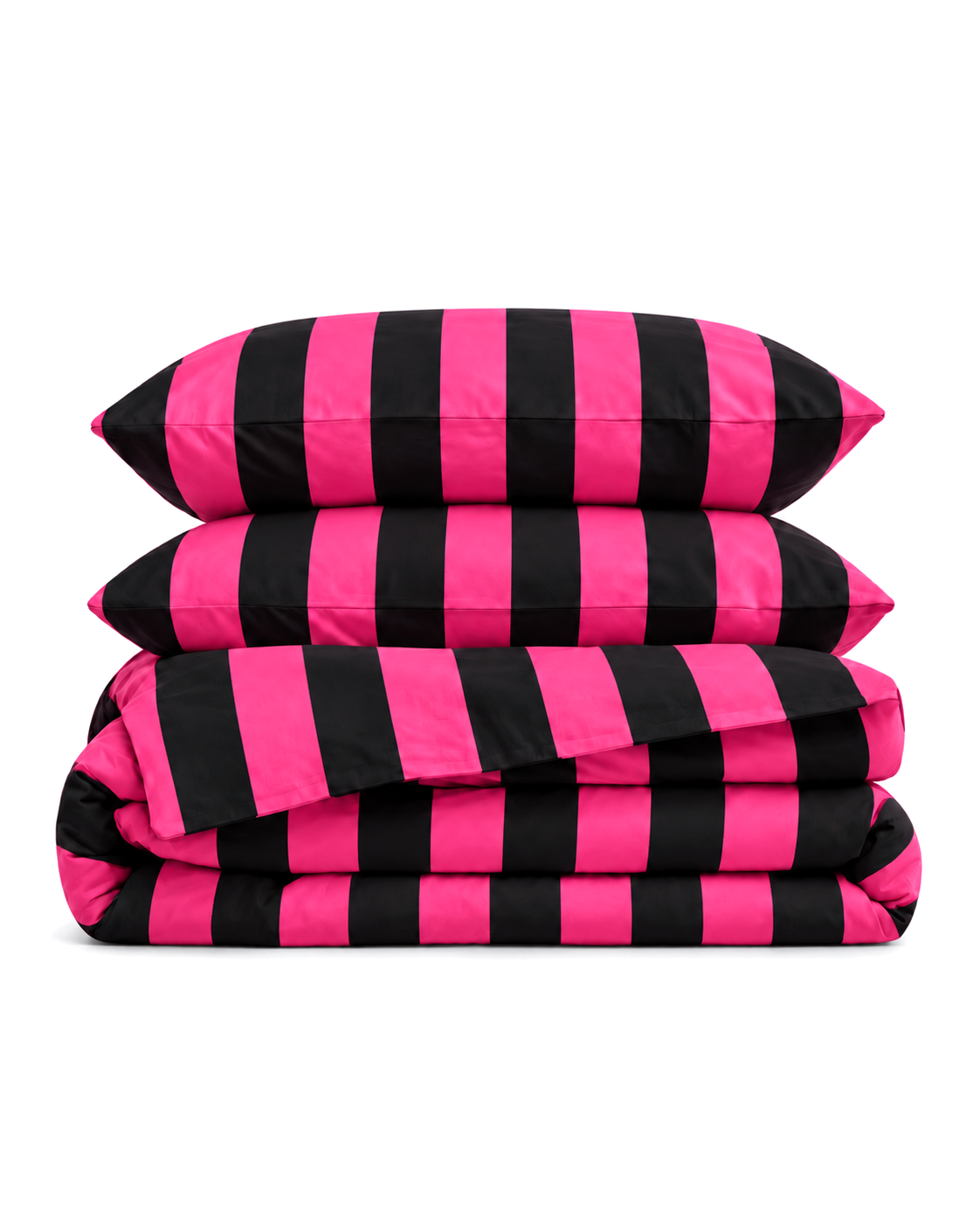 Cabana Stripe Cotton Sateen Duvet Cover Set in Fuchsia & Black, folded with its shams