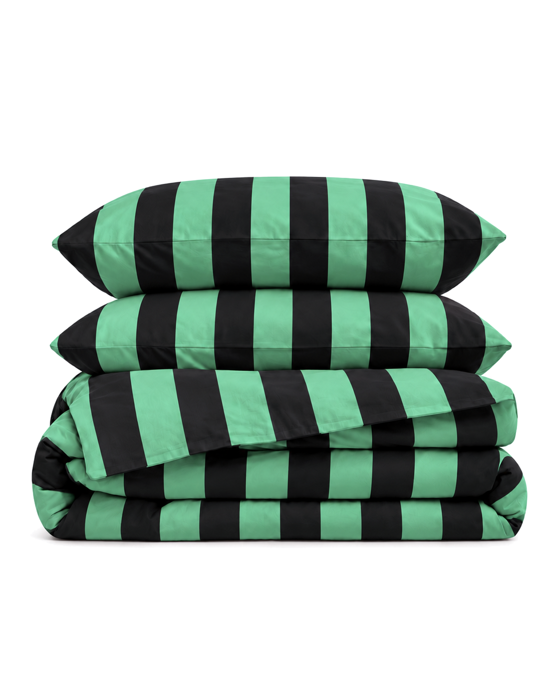 Cabana Stripe Cotton Sateen Duvet Cover Set in Mint & Black, folded with its shams