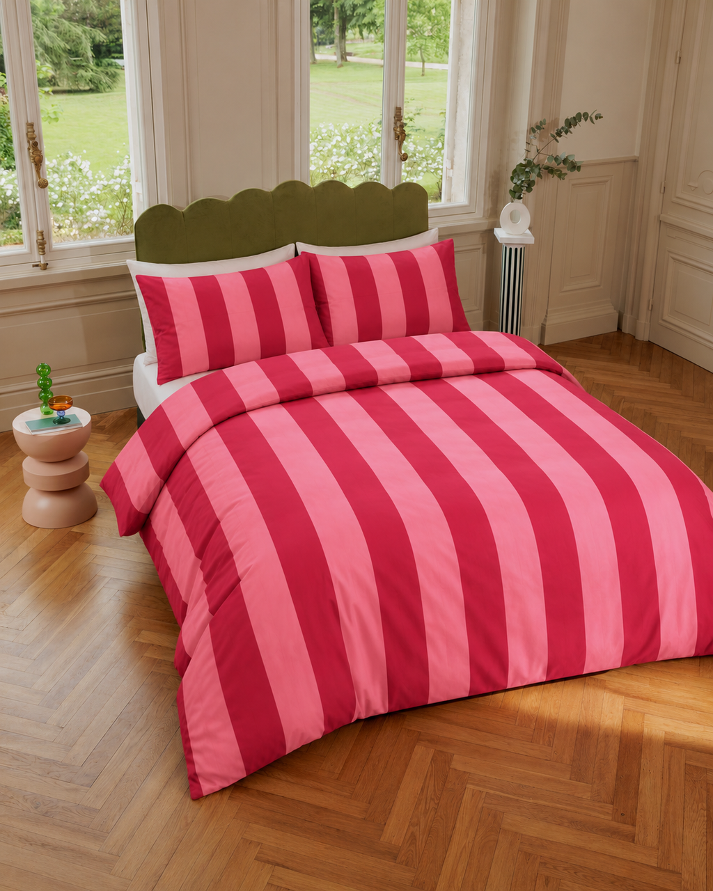 Cabana Stripe Cotton Sateen Duvet Cover Set in Pink & Red, made bed seen from above