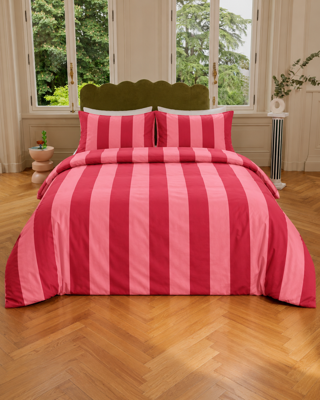 Cabana Stripe Cotton Sateen Duvet Cover Set in Pink & Red, bedroom view
