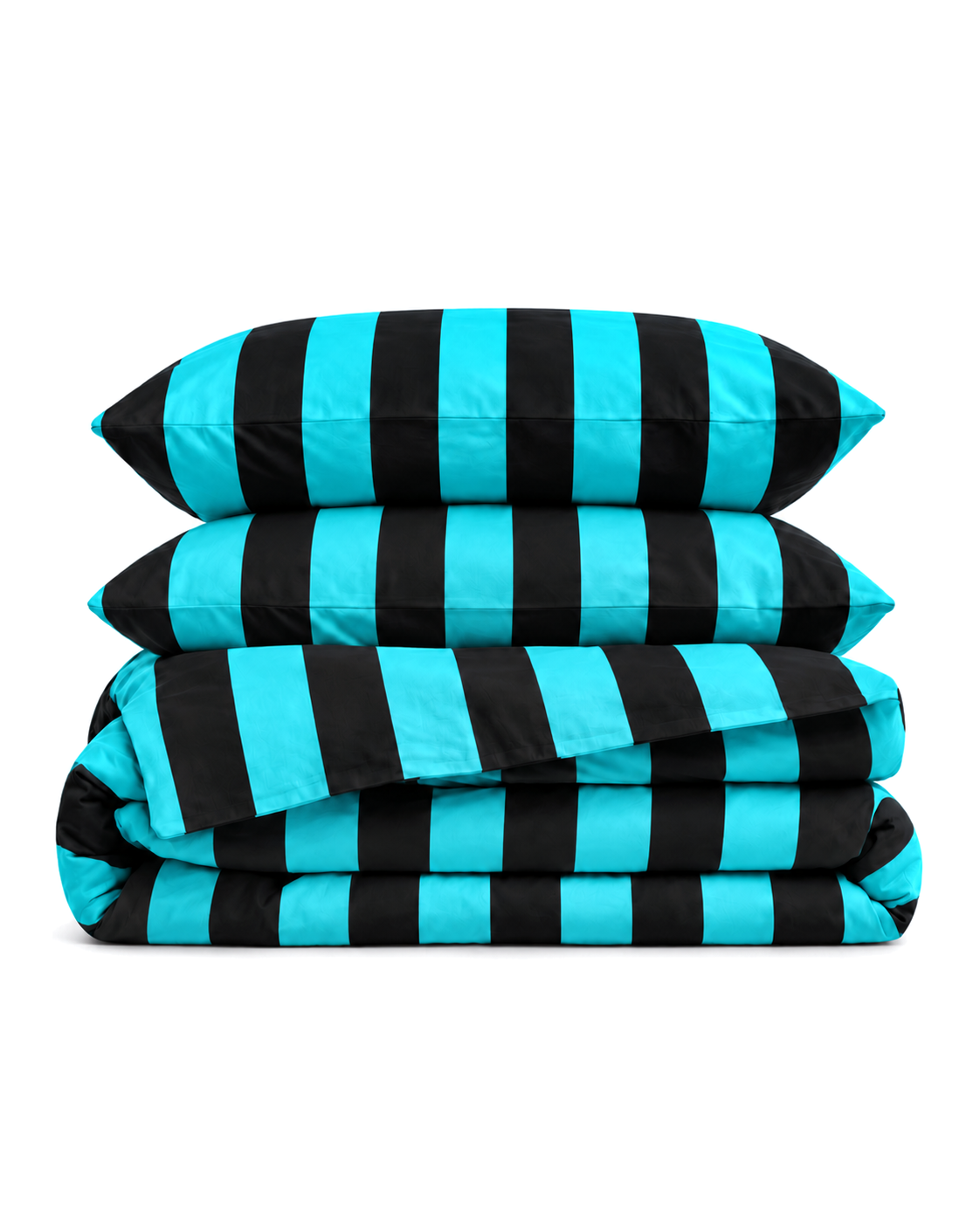 Cabana Stripe Cotton Sateen Duvet Cover Set in Turquoise & Black, folded with its shams
