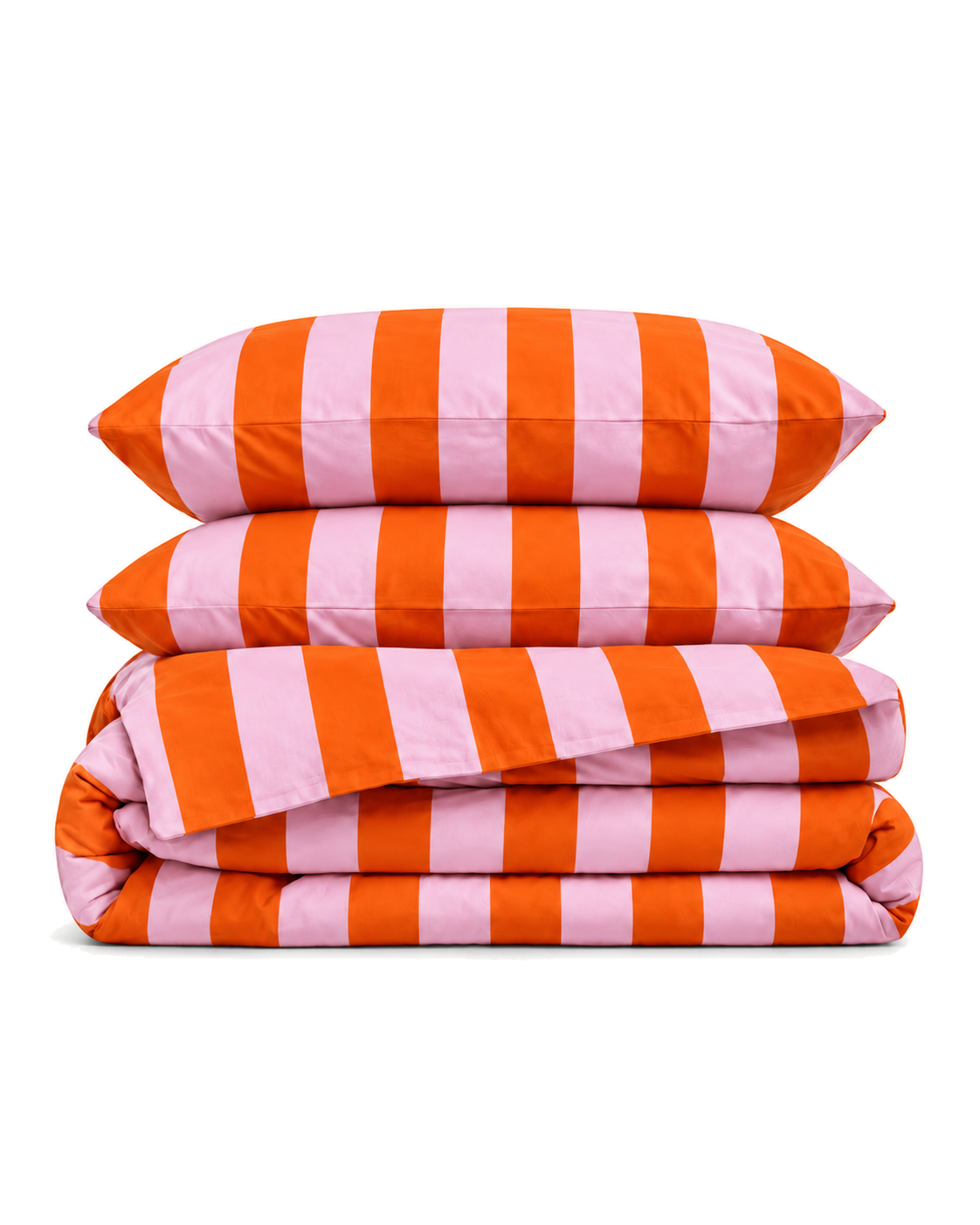 Cabana Stripe Cotton Sateen Duvet Cover Set in Orange & Pink, folded with its shams