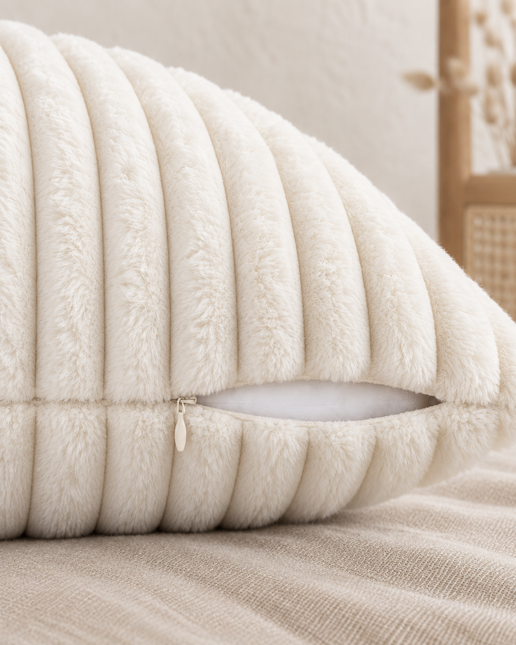 Channel Faux Fur Pillow Cover in Ivory, zipper and edge detail