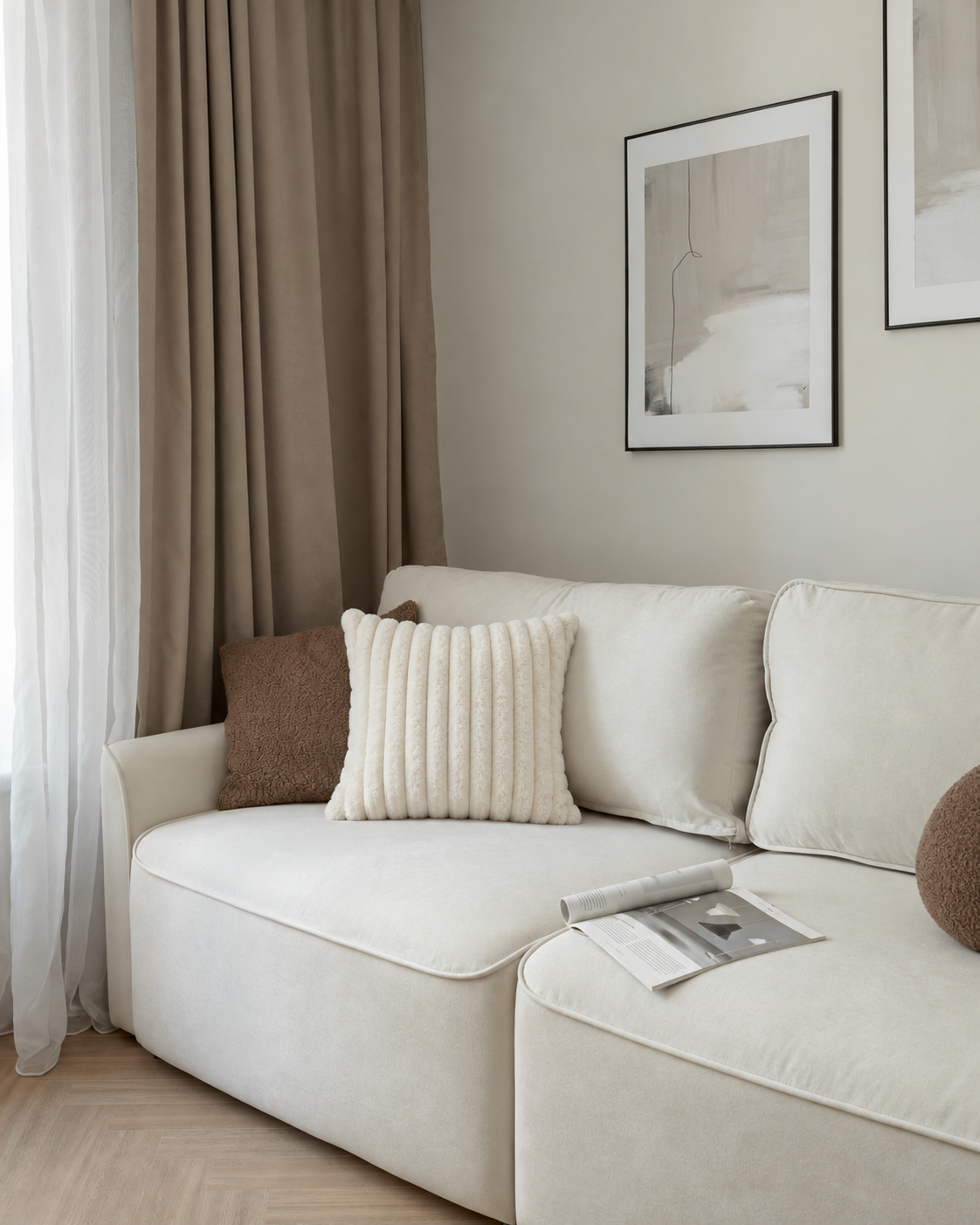 Channel Faux Fur Pillow Cover in Ivory, on a linen sofa