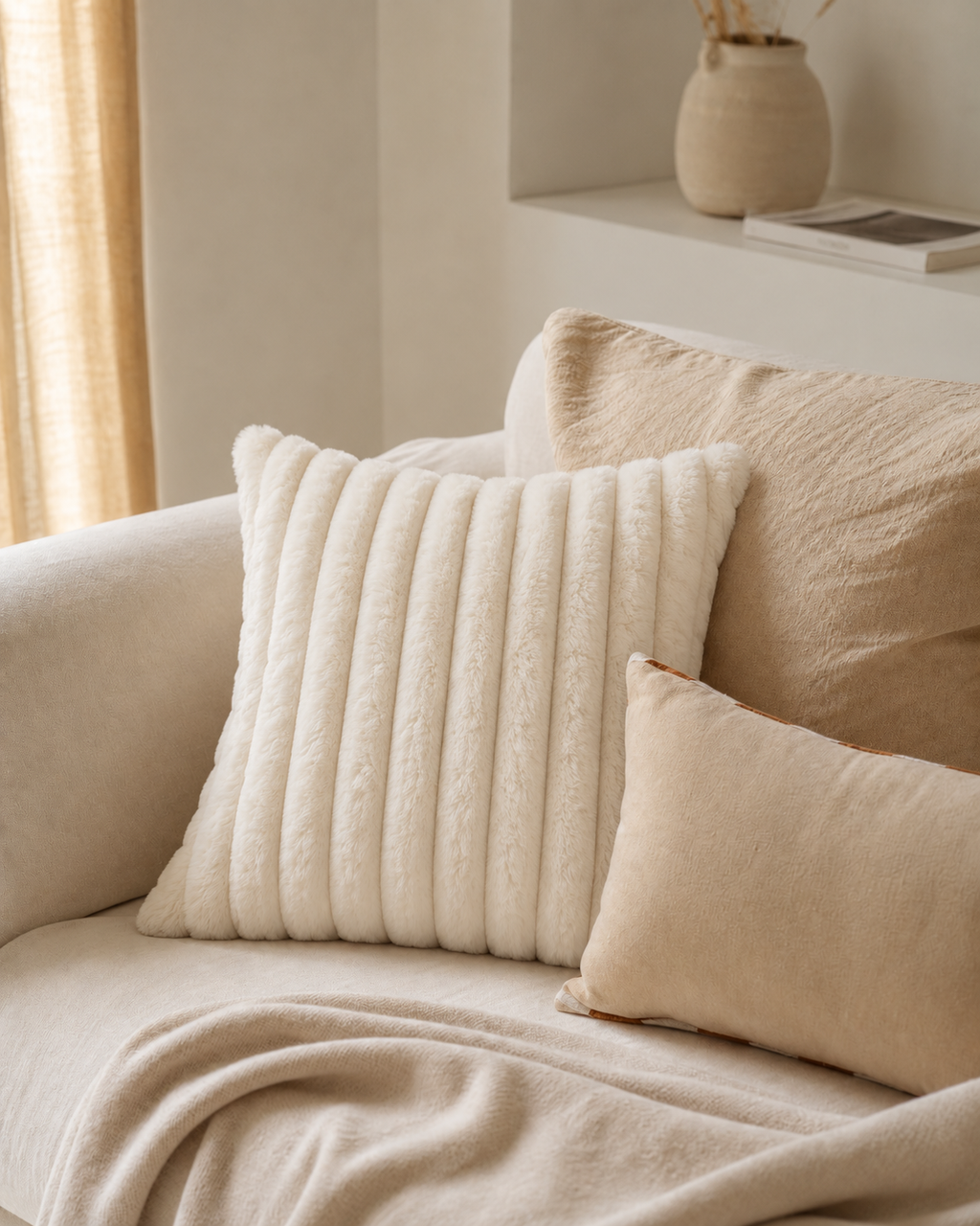 Channel Faux Fur Pillow Cover in Ivory, on a linen sofa
