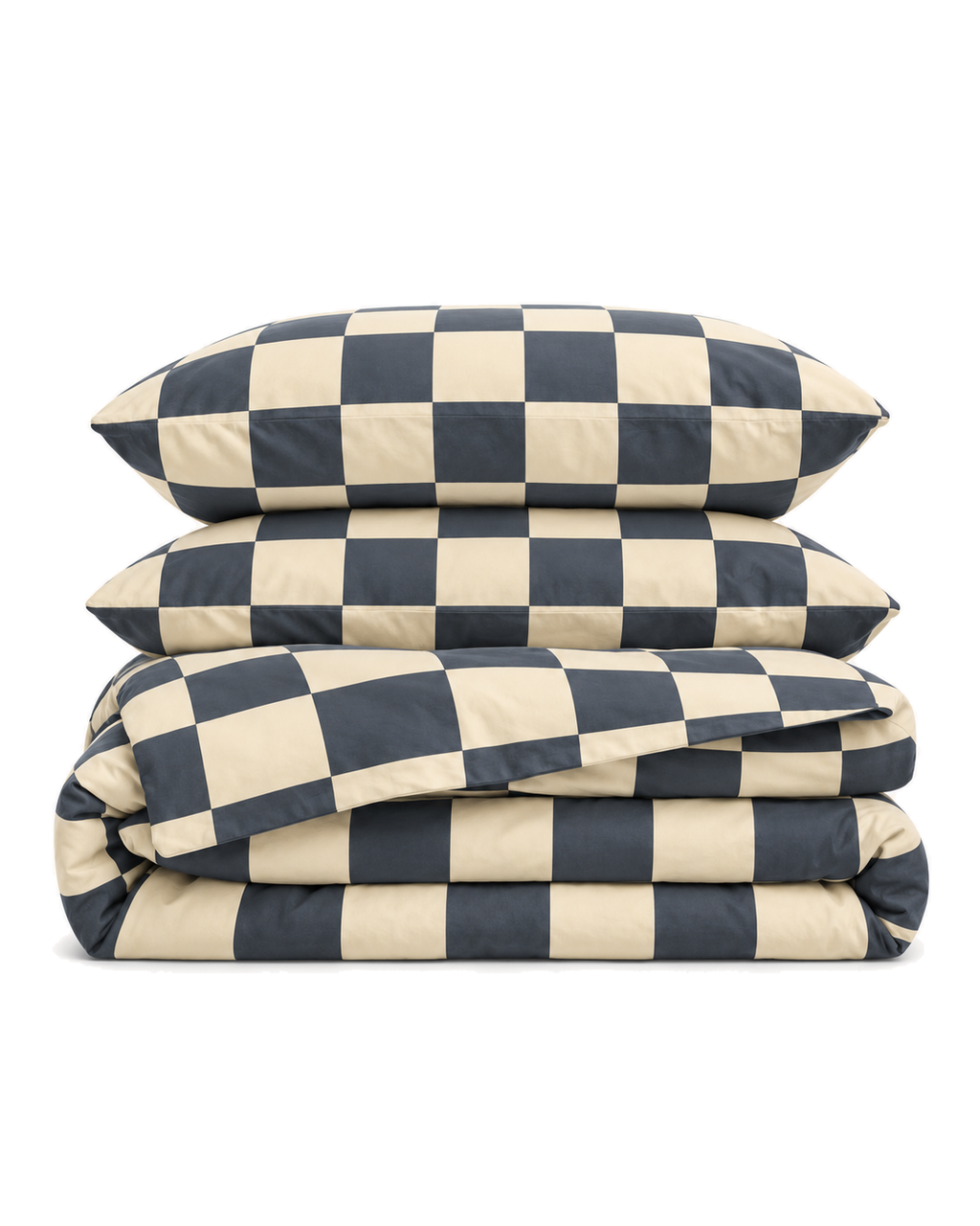 Checkerboard Cotton Percale Duvet Cover Set, folded with its shams