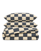 Checkerboard Cotton Percale Duvet Cover Set, folded with its shams