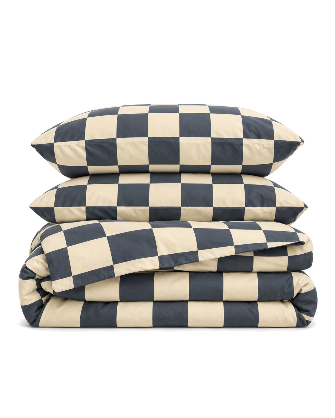 Checkerboard Cotton Percale Duvet Cover Set, folded with its shams