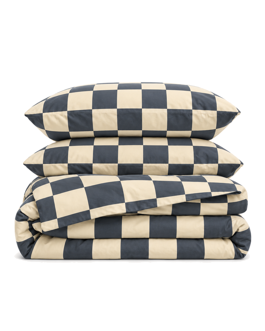 Checkerboard Cotton Percale Duvet Cover Set, folded with its shams