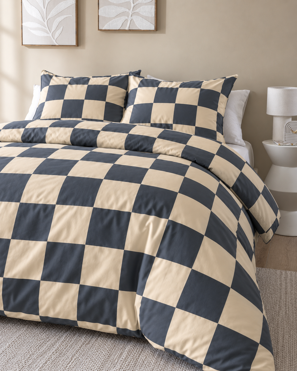 Checkerboard Cotton Percale Duvet Cover Set, made bed seen from above