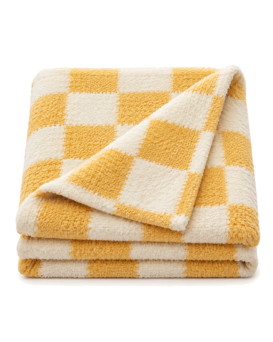 Checkered Cotton Chenille Throw in Yellow, folded
