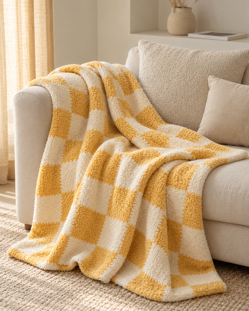 Checkered Cotton Chenille Throw in Yellow, on a linen sofa