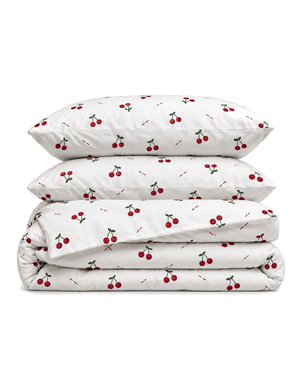 Cherry Print Cotton Sateen Duvet Cover Set, folded with its shams