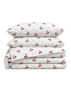 Cherry Print Cotton Sateen Duvet Cover Set, folded with its shams