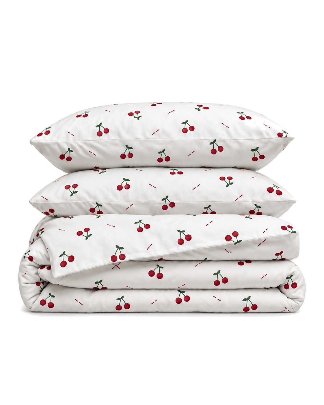 Cherry Print Cotton Sateen Duvet Cover Set, folded with its shams