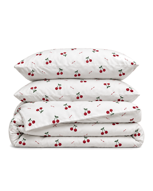 Cherry Print Cotton Sateen Duvet Cover Set, folded with its shams