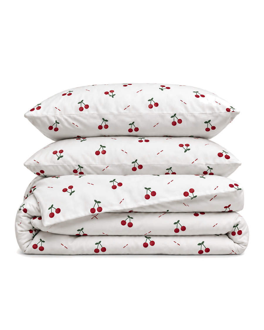 Cherry Print Cotton Sateen Duvet Cover Set, folded with its shams