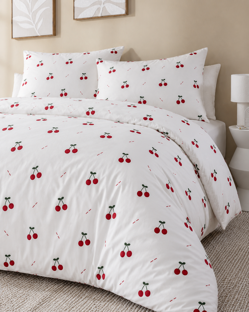 Cherry Print Cotton Sateen Duvet Cover Set, made bed seen from above