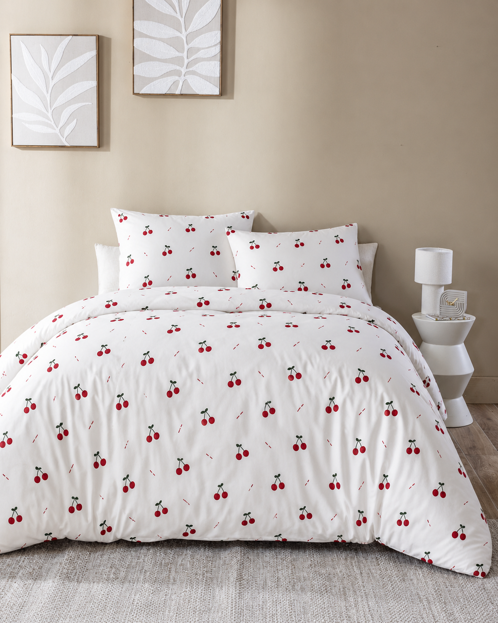 Cherry Print Cotton Sateen Duvet Cover Set, bedroom view
