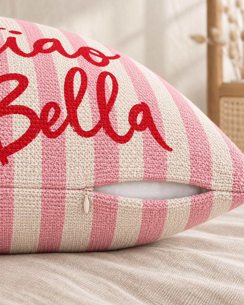 Ciao Bella Stripe Cotton-Linen Pillow Cover, zipper and edge detail