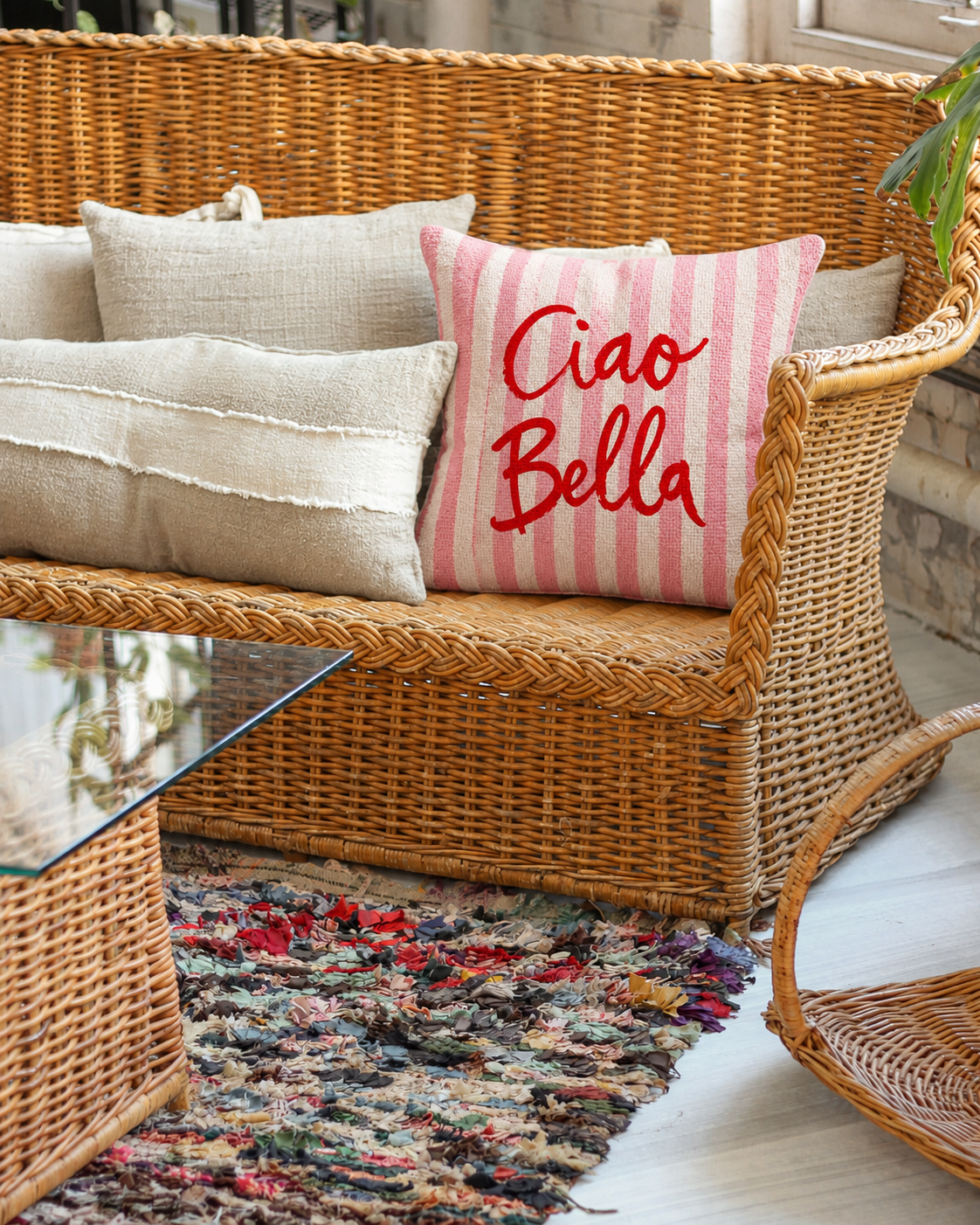 Ciao Bella Stripe Cotton-Linen Pillow Cover, on a linen sofa
