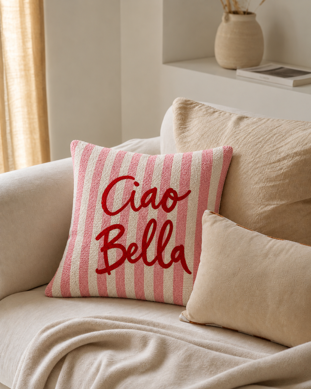 Ciao Bella Stripe Cotton-Linen Pillow Cover, on a linen sofa