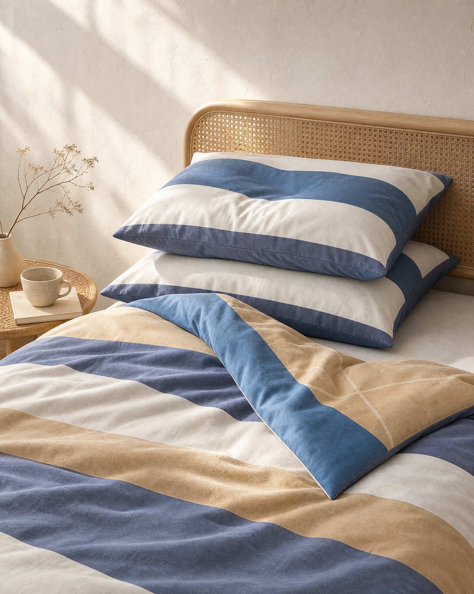 Colour Block Duvet Set — on a made bed, morning light