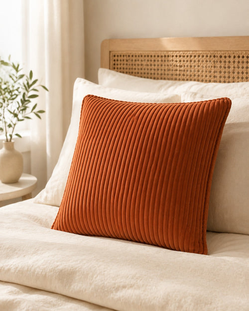Corduroy Velvet Pillow Cover — on a made bed, morning light