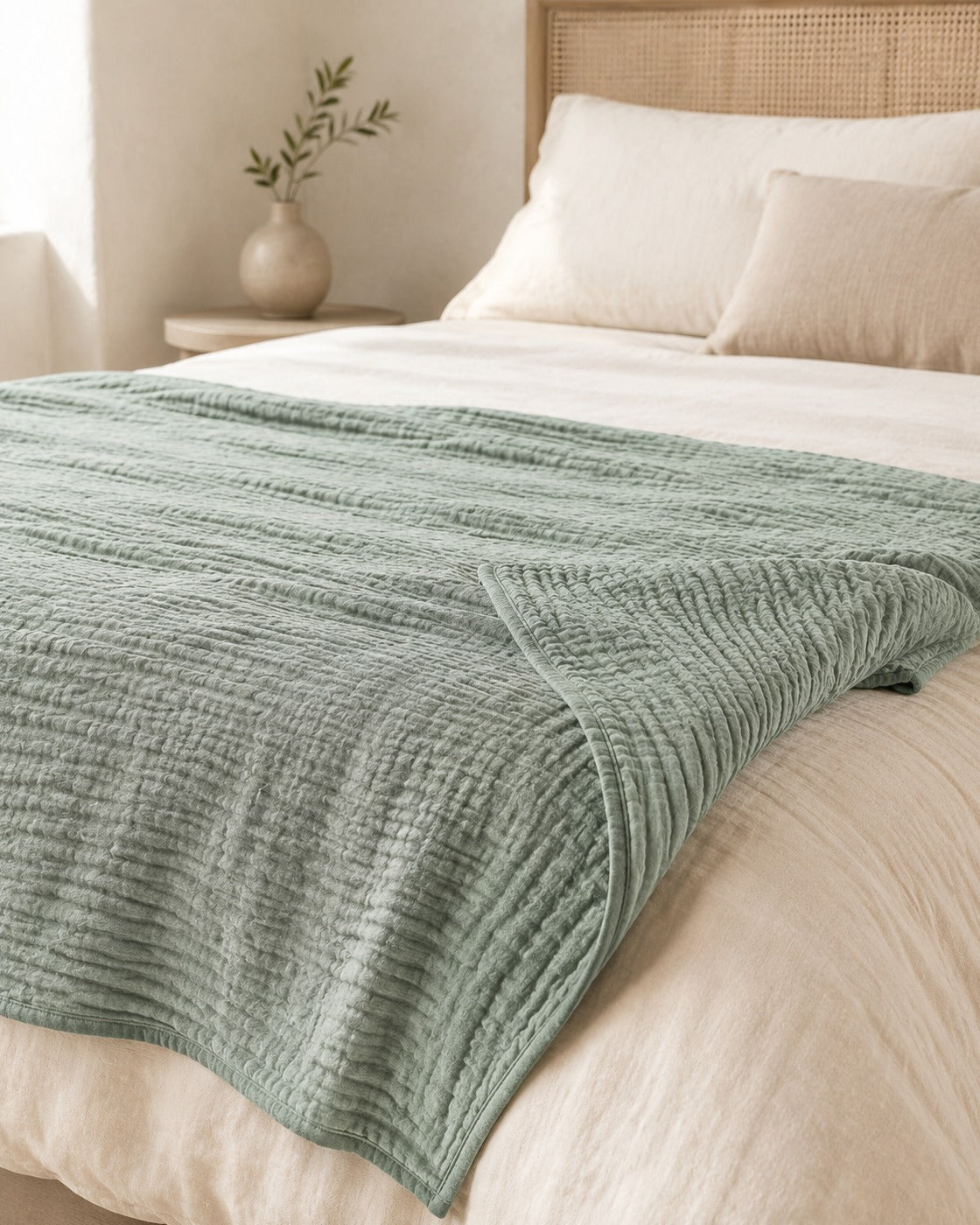 Cotton Gauze Throw — on a made bed, morning light