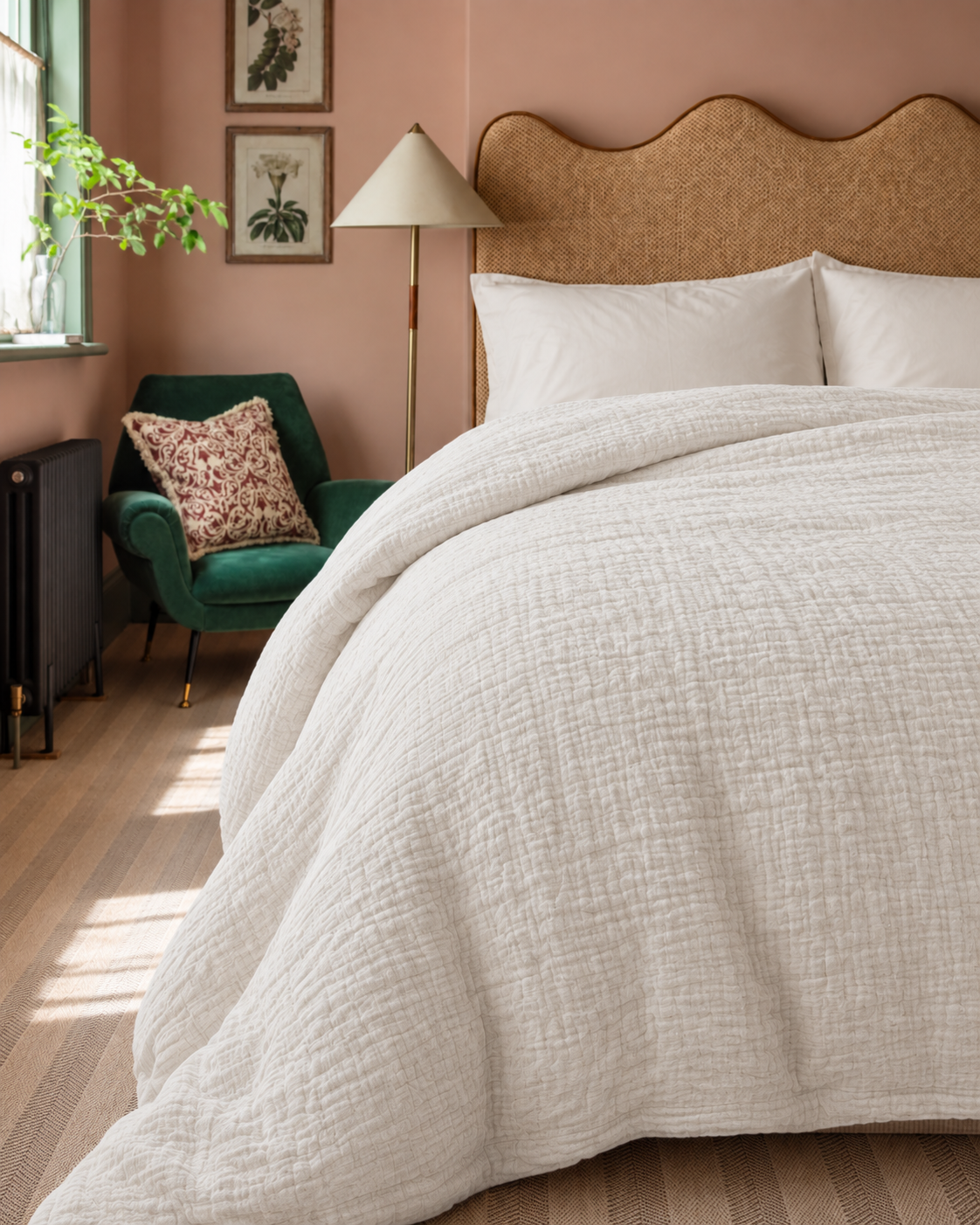 Cotton Muslin Duvet Cover, on a made bed in morning light