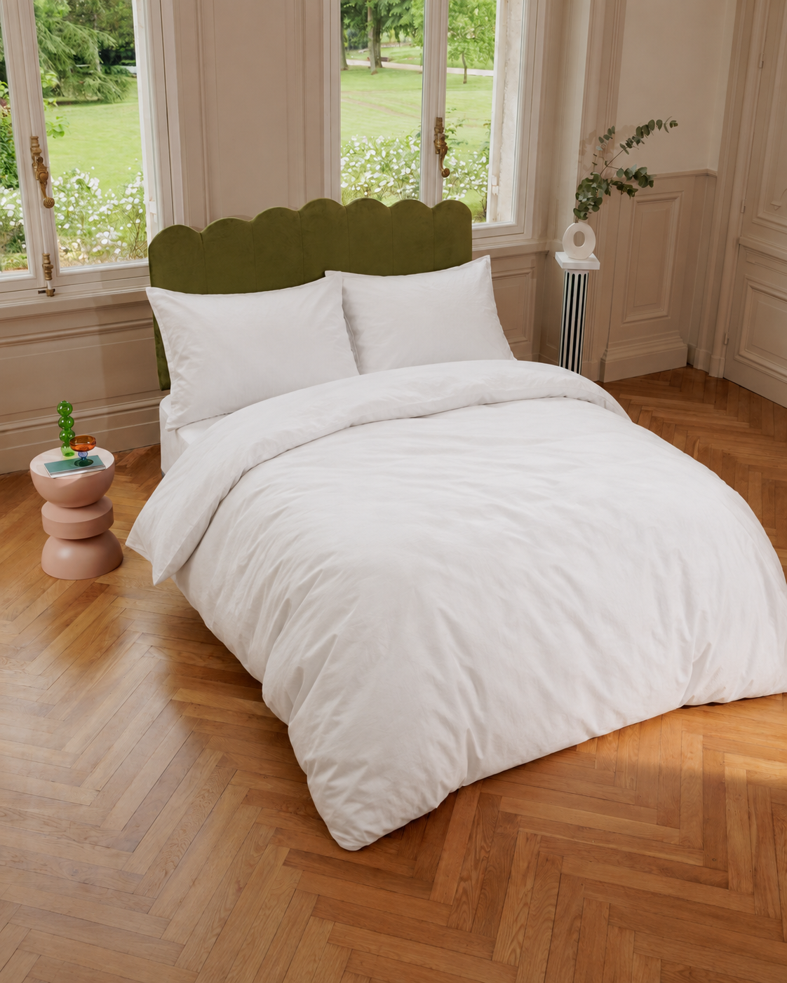 Cotton Percale Duvet Cover, on a made bed in morning light