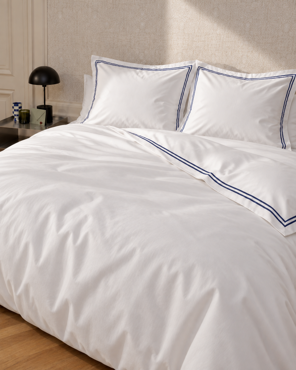 Cotton Percale Duvet Cover Set, on a made bed in morning light