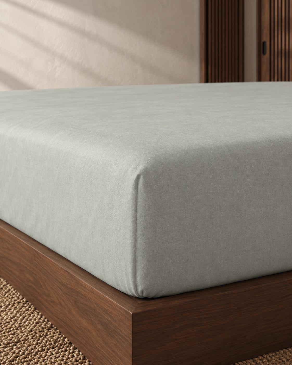 Cotton Percale Fitted Sheet, close-up on the corner and its pocket depth
