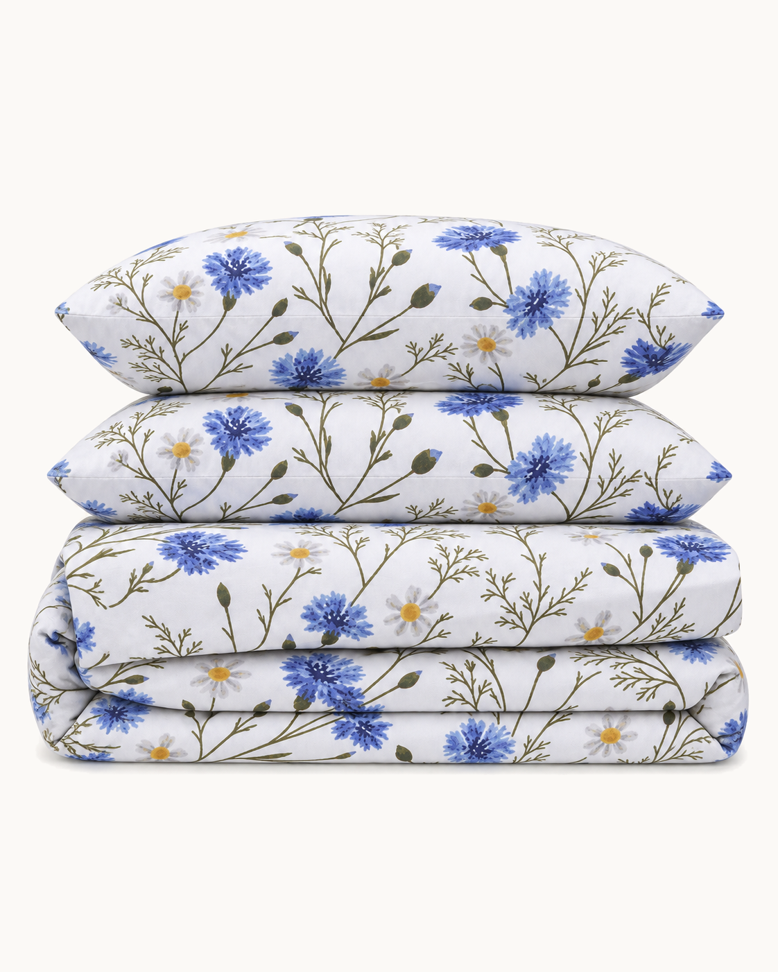 Floral Percale Sheet Set, the four pieces of the set folded on a plain background