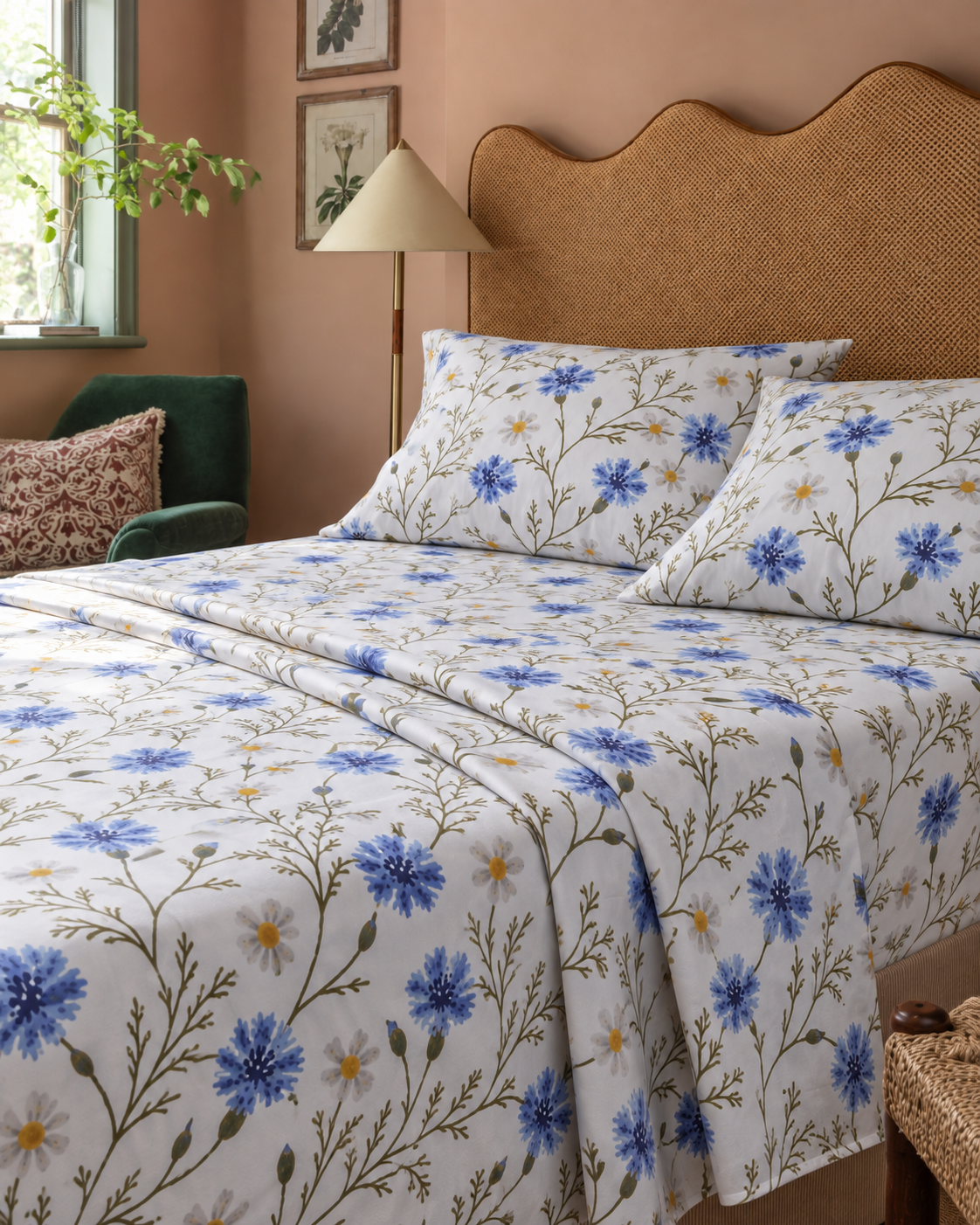 Floral Percale Sheet Set, on a made bed in morning light