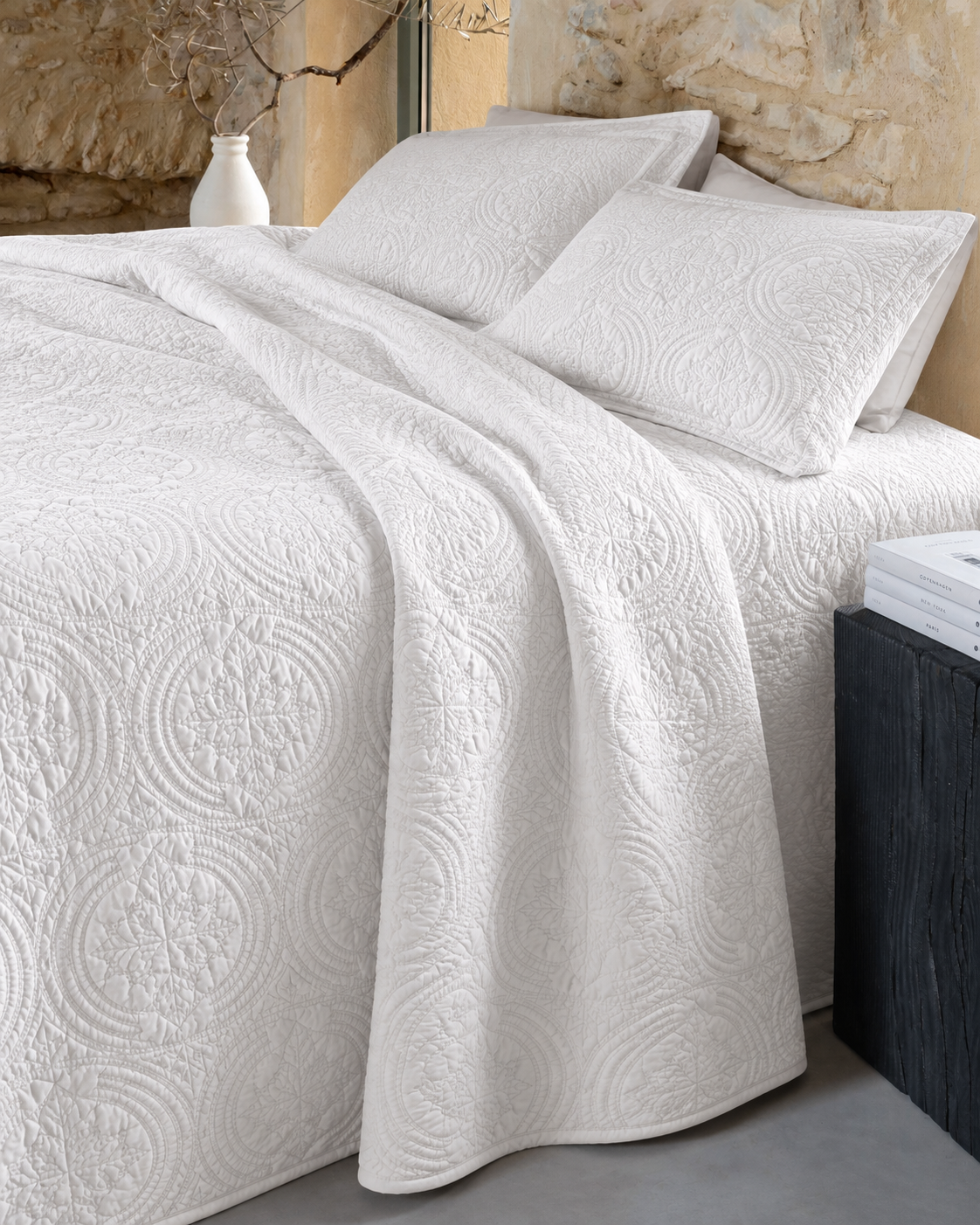 Cotton Quilt Set, on a made bed in morning light